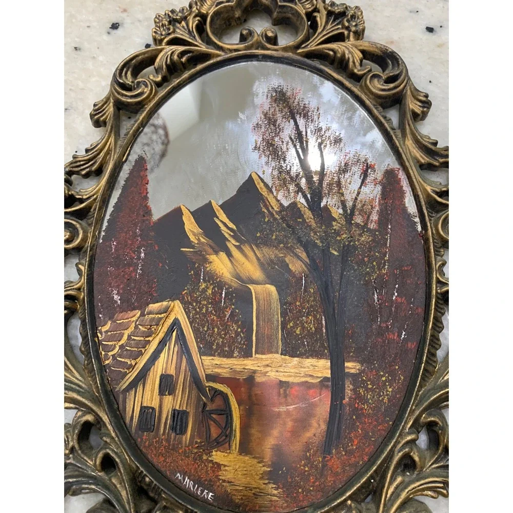 Vintage Marlene Hand Painted Mirror Art Mountain Landscape Gold Ornate Frame 15